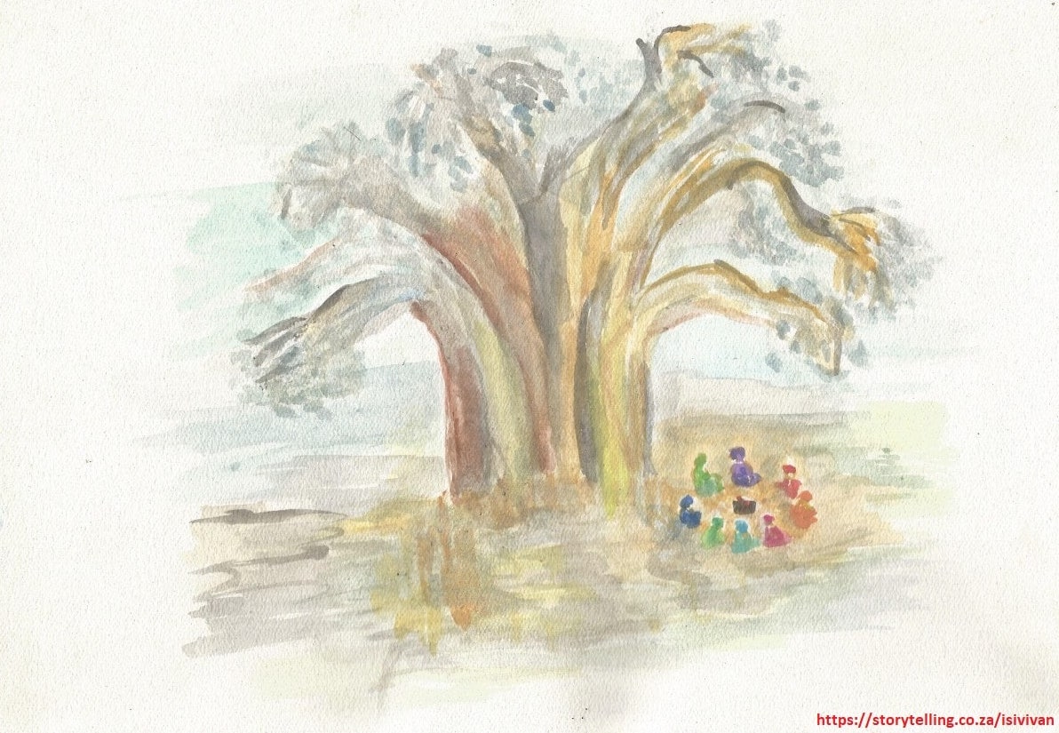 A watercolour sketch o a baobab tree.