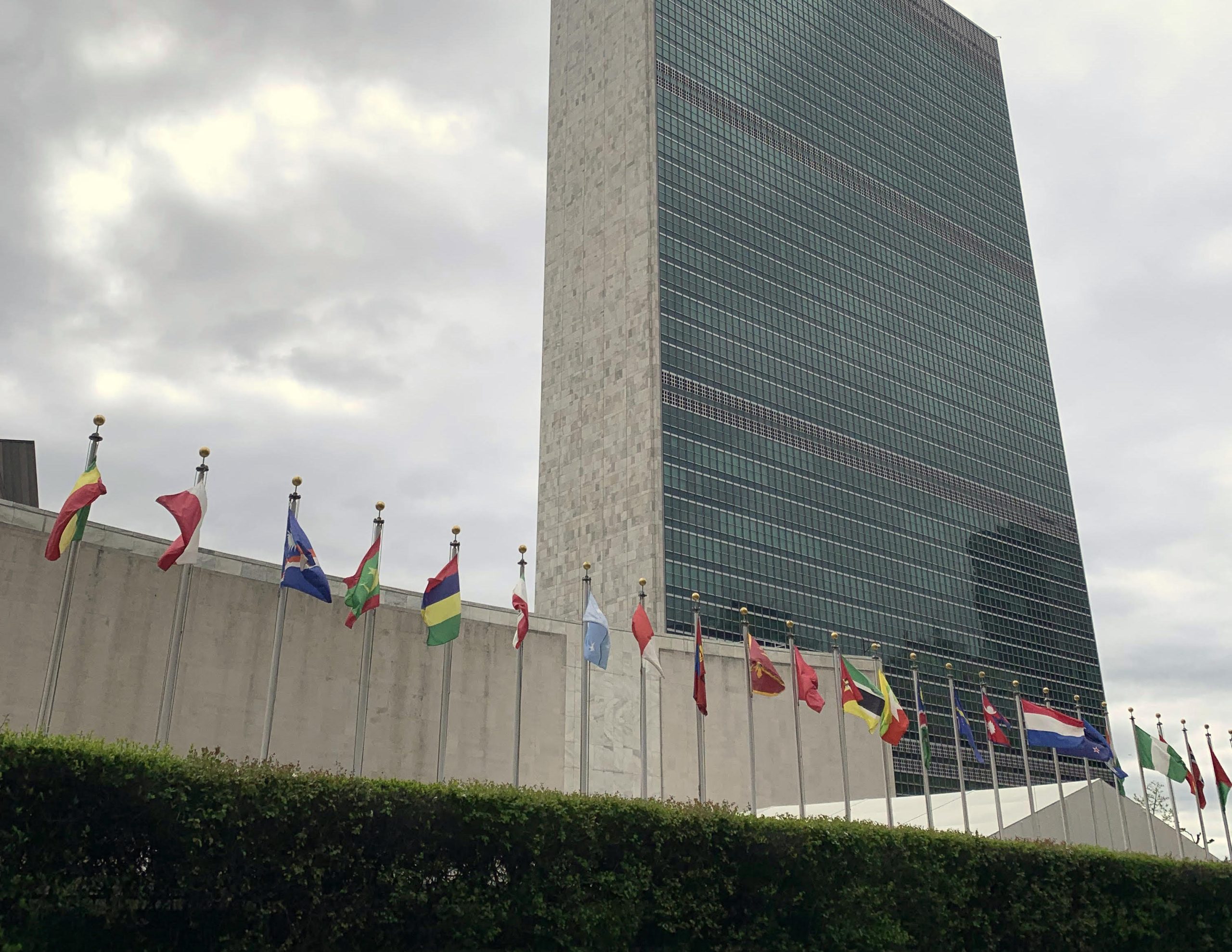Flags outside the UN building.