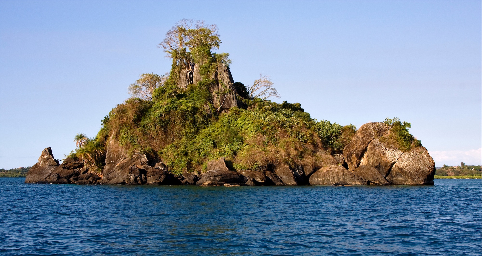 A lush green island on a rocky base.
