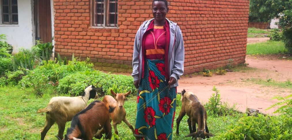 A smiling woman outside a red brick house with 4 goats.