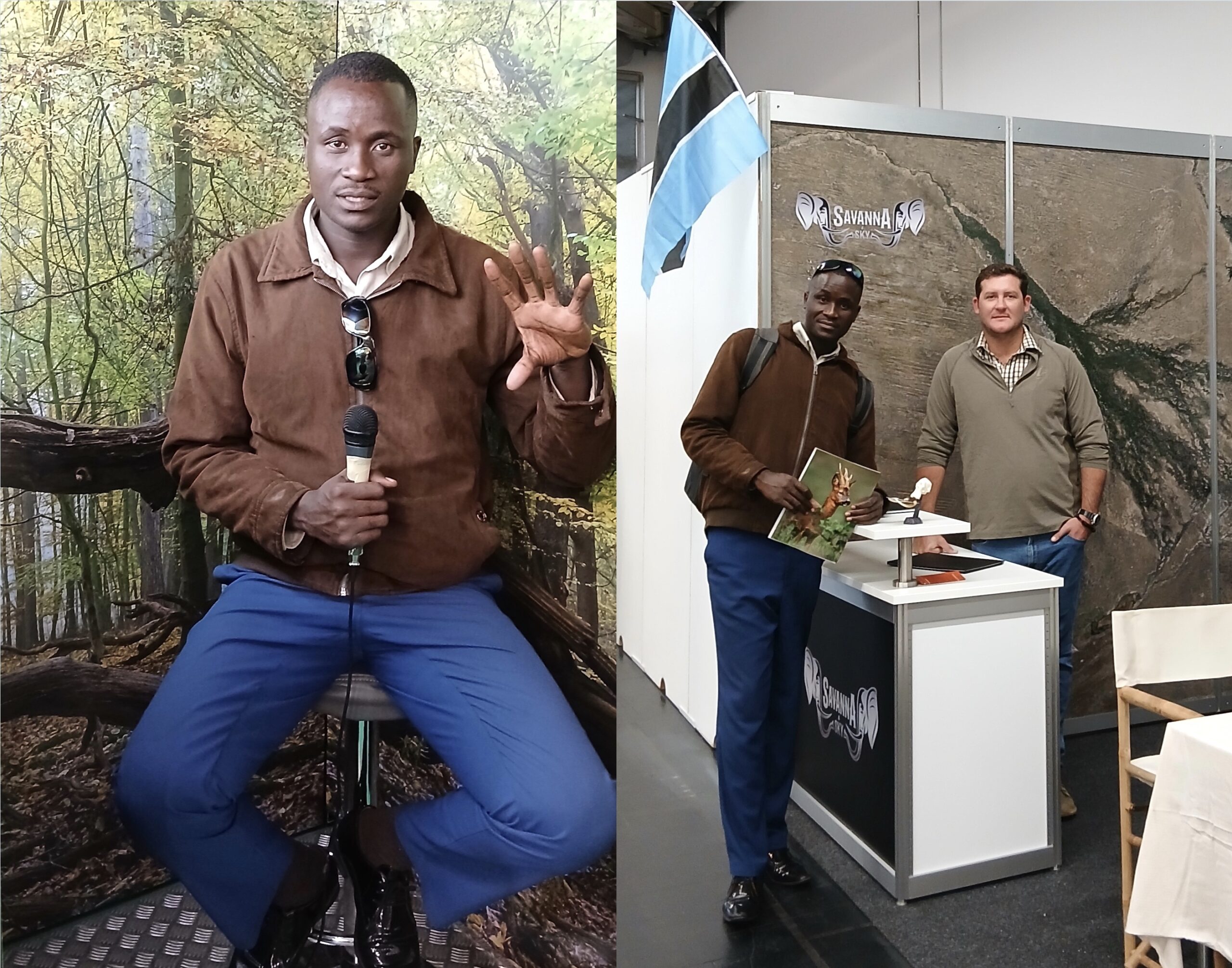 Two photos of Mr. James Tebogo, attending and presenting at the Dortmund Jagd & Hund hunting exhibition in Germany.
