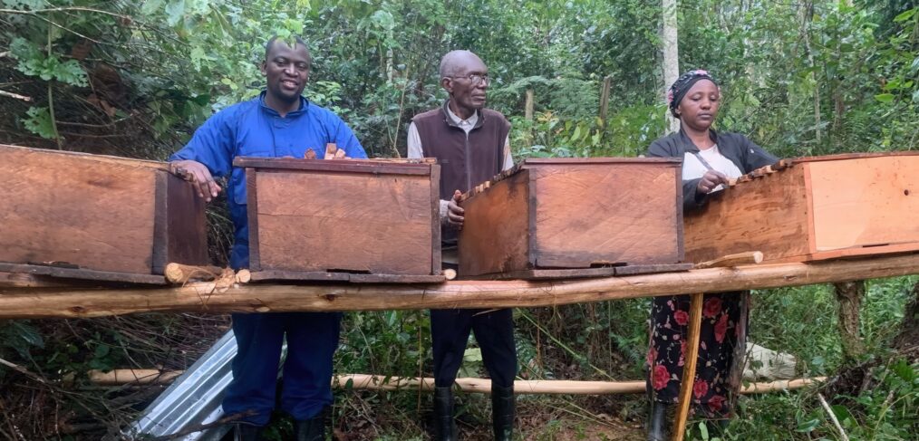 Three people pose with newly constructed hives.