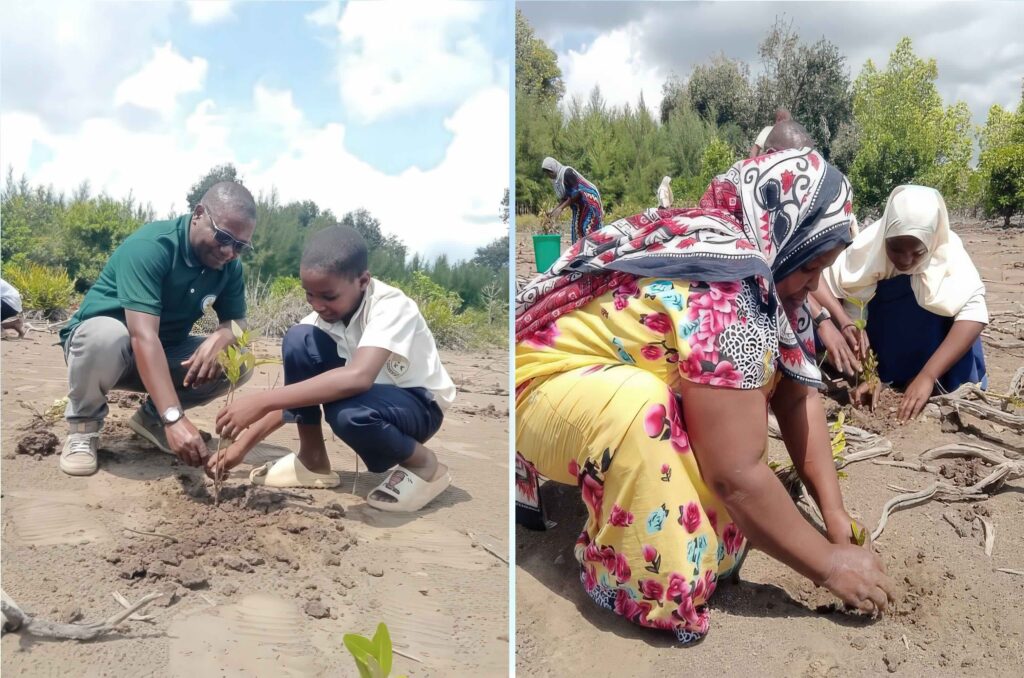 Two photos showing local people planting new trees.